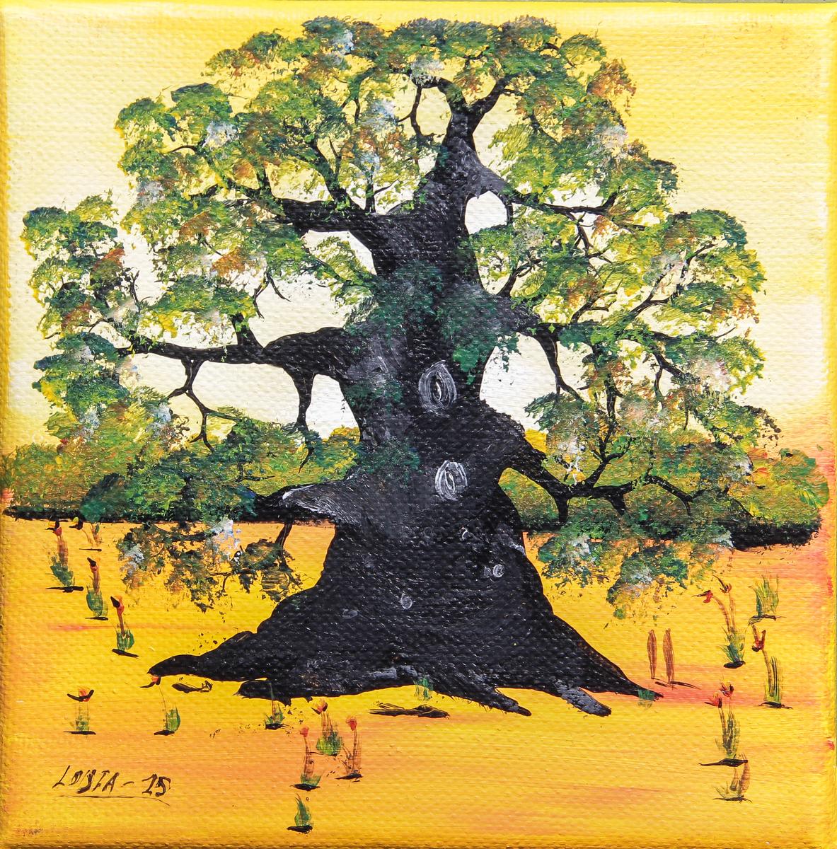 Baobabsilhouet op geel
